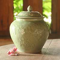 Celadon ceramic jar, 'Lotus Pond' - Celadon ceramic jar