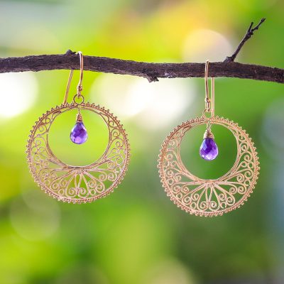 Gold vermeil amethyst dangle earrings, 'Sunny Treasure' - Gold Vermeil Amethyst Dangle Earrings