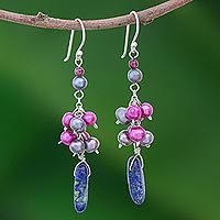 Pearl and lapis lazuli cluster earrings,