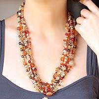 Pearl and carnelian strand necklace, 'Summer Exuberance' - Beaded Carnelian Necklace