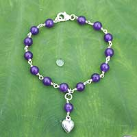 Sterling silver heart bracelet, 'Purple Love' - Quartz and Silver Heart Bracelet