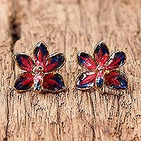 Natural orchid gold-plated flower earrings,