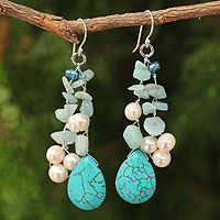 Pearl waterfall earrings, 'Azure Allure' - Handcrafted Pearl and Amazonite Waterfall Earrings