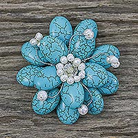 Pearl brooch pin, 'Blue Azalea' - Floral Turquoise Colored Brooch Pin