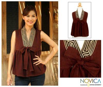 Cotton blouse, 'Relax in Brown' - Unique Thai Cotton Blouse