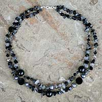 Onyx and tourmalinated quartz beaded necklace, 'Opulent Black' - Beaded Quartz and Onyx Necklace