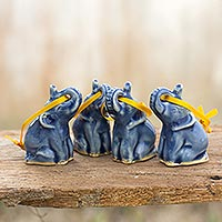 Celadon ceramic ornaments Blue Elephant Heralds set of 4 Thailand