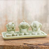 Celadon ceramic figurines, 'Elephant Life Lessons' (set of 3) - Celadon ceramic figurines (Set of 3)