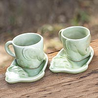 Celadon ceramic coffee mug set Elephant Tales pair Thailand