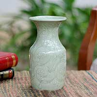 Celadon ceramic vase, 'Floral Fantasy' - Celadon Ceramic Vase