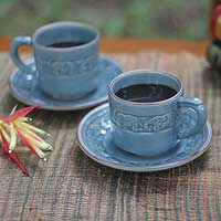 Celadon ceramic cups and saucers Blue Elephant Dance set for 2 Thailand
