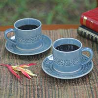 Celadon ceramic cups and saucers Lanna Bouquet set for 2 Thailand