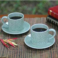 Celadon ceramic cups and saucers Rose of Sharon set for 2 Thailand