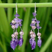 Pearl and amethyst dangle earrings,