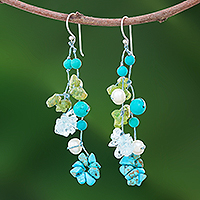 Pearl and peridot flower earrings, 'Symphony in Blue' - Pearl and Quartz Beaded Earrings