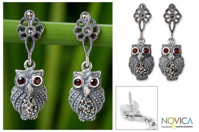 Marcasite and garnet dangle earrings, Little Owl
