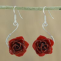 Natural rose flower earrings, 'Scarlet Romance' - Fair Trade Natural Flower Earrings