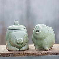 Celadon ceramic sugar bowl and creamer Piggy Cheer pair Thailand