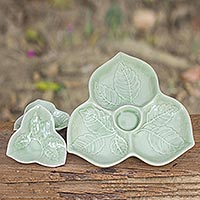 Celadon ceramic plates Living Leaf set of 3 Thailand