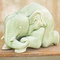 Celadon ceramic figurine Reclining Elephant Thailand
