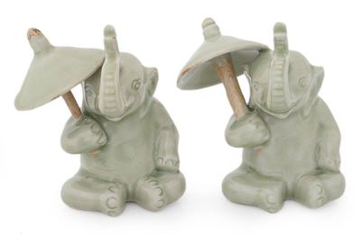 Hand Made Celadon Ceramic Figurines (Pair)