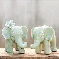 Celadon ceramic figurines Noble Elephants pair Thailand