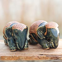 Celadon ceramic figurines Emerald Elephant pair Thailand