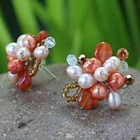 Pearl and carnelian flower earrings,