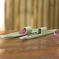 Celadon ceramic chopstick holder Riverboat pair Thailand
