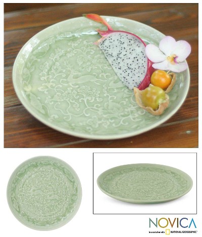 Celadon ceramic plate, Wild Deer