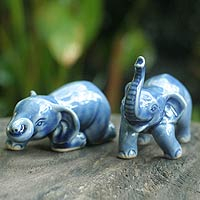 Celadon ceramic figurines Playful Blue Elephants pair Thailand