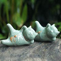 Celadon ceramic statuettes Lucky Cats at Play pair Thailand
