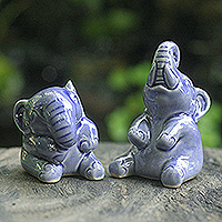 Celadon ceramic statuettes Happy Blue Elephants pair Thailand