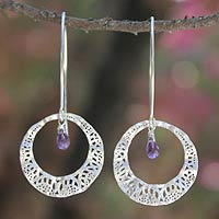 Amethyst dangle earrings, 'Lanna Moon' - Modern Sterling Silver and Amethyst Dangle Earrings
