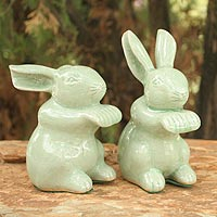 Celadon ceramic figurines Jade Bunny Rabbits pair Thailand