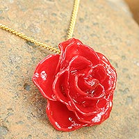 Natural rose pendant necklace, 'Sweet Scarlet' - Hand Made Natural Flower Pendant Necklace