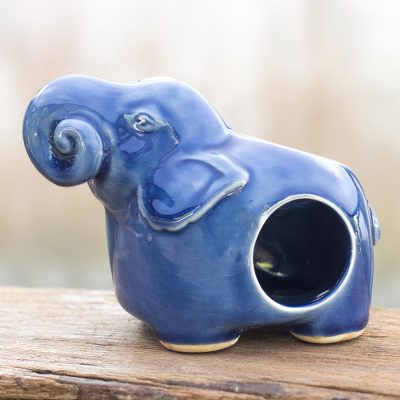 Celadon ceramic oil warmer, Calm Blue Elephant