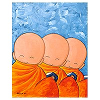 'Thailand Offering III' - Signed Naif Painting of Three Children as Thai Monks
