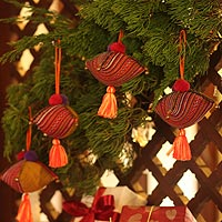 Hemp and cotton ornaments Golden Hmong Feast set of 4 Thailand