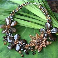 Cultured pearl and smoky quartz floral necklace,