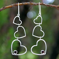 Garnet heart earrings, 'Love's Passion' - Heart Shaped Sterling Silver and Garnet Earrings