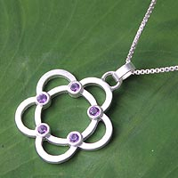 Amethyst flower necklace, 'Blossoming Glamour' - Handcrafted Amethyst and Silver Flower Necklace