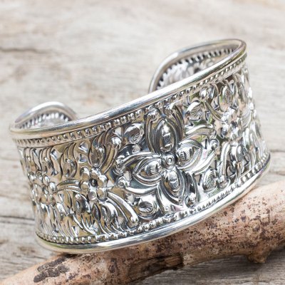 Sterling silver cuff bracelet, 'Princess Garden' - Unique Floral Sterling Silver Cuff Bracelet