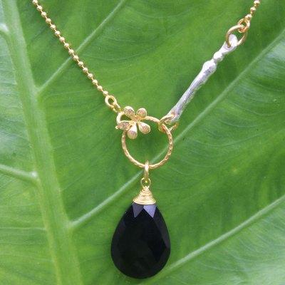 Gold plated onyx flower necklace, 'Tulip Mystique' - Gold Plated Onyx Flower Necklace