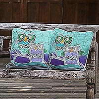 Cotton batik cushion covers Mischievous Owls pair Thailand