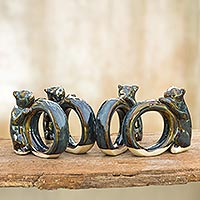 Celadon ceramic napkin rings Siamese Kitten set of 4 Thailand