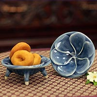 Celadon ceramic canape plates Blue Plumeria pair Thailand