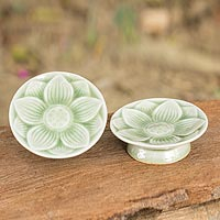 Celadon ceramic canape plates Jade Lotus pair Thailand