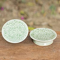 Celadon ceramic canape plates Jade Frangipani pair Thailand