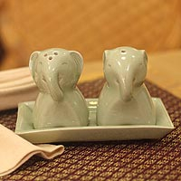 Celadon ceramic condiment set Smiling Elephant Thailand